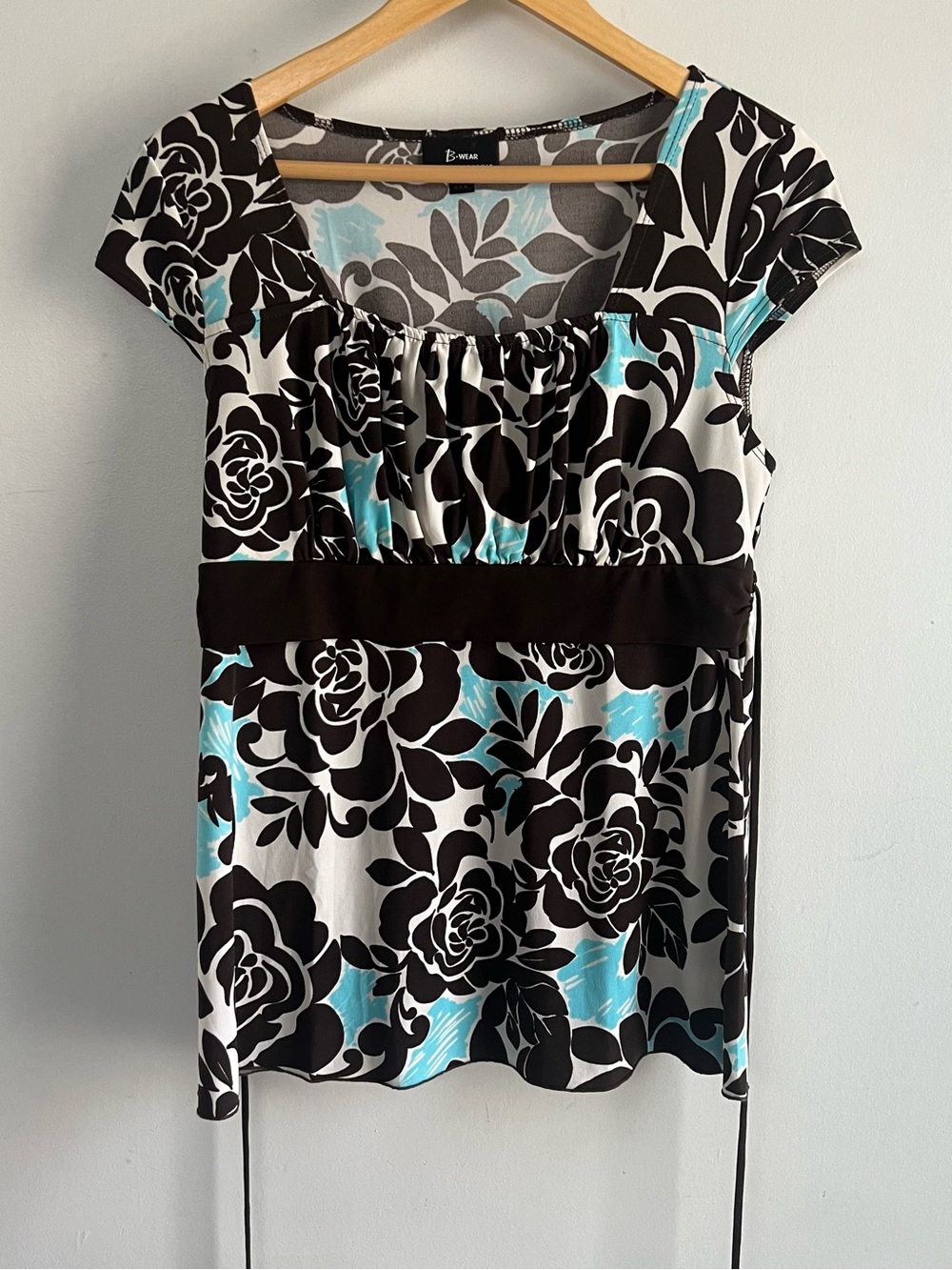 B Wear Byer California Women’s XL Floral Empire Waist Blouse Brown Blue White